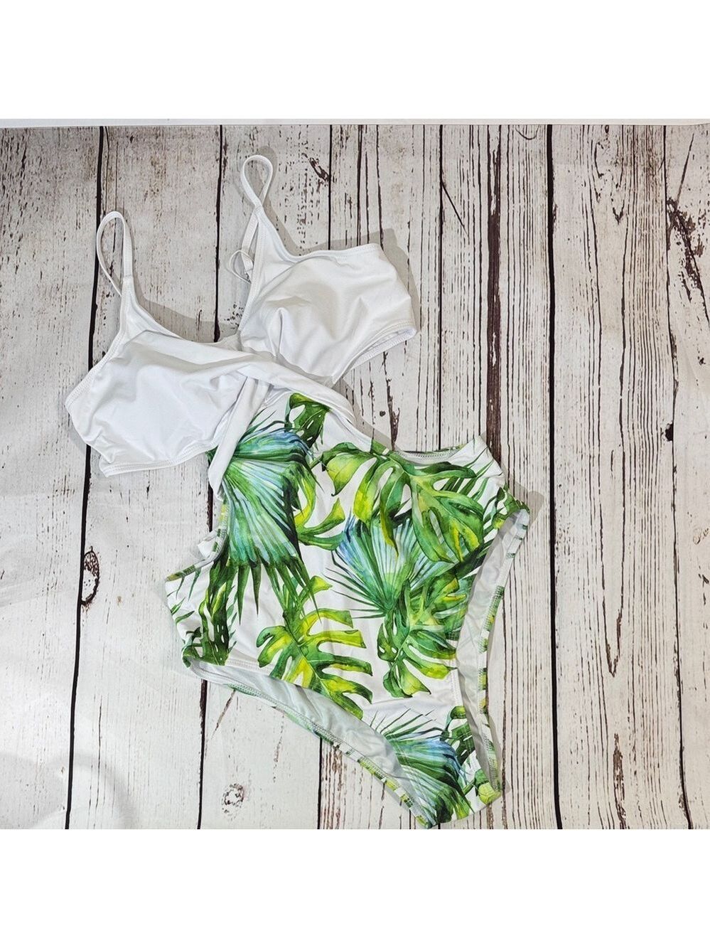 Edelqual White & Green Tropical Leaf Waist Cutout One-Piece Swimsuit Large